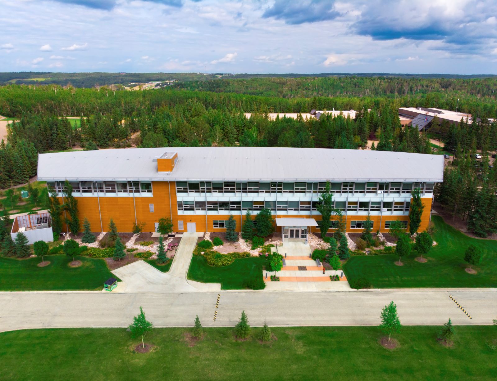An aerial view of the Academic and Research Center at Athabasca University in Athabasca, Alberta.