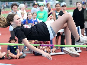 Charlotte Thake of Perth Road Public School competes in the bantam girls high jump at the Limestone Elementary Schools Athletic Association track and field championships at CaraCo Home Field on Wednesday, June 8, 2022.