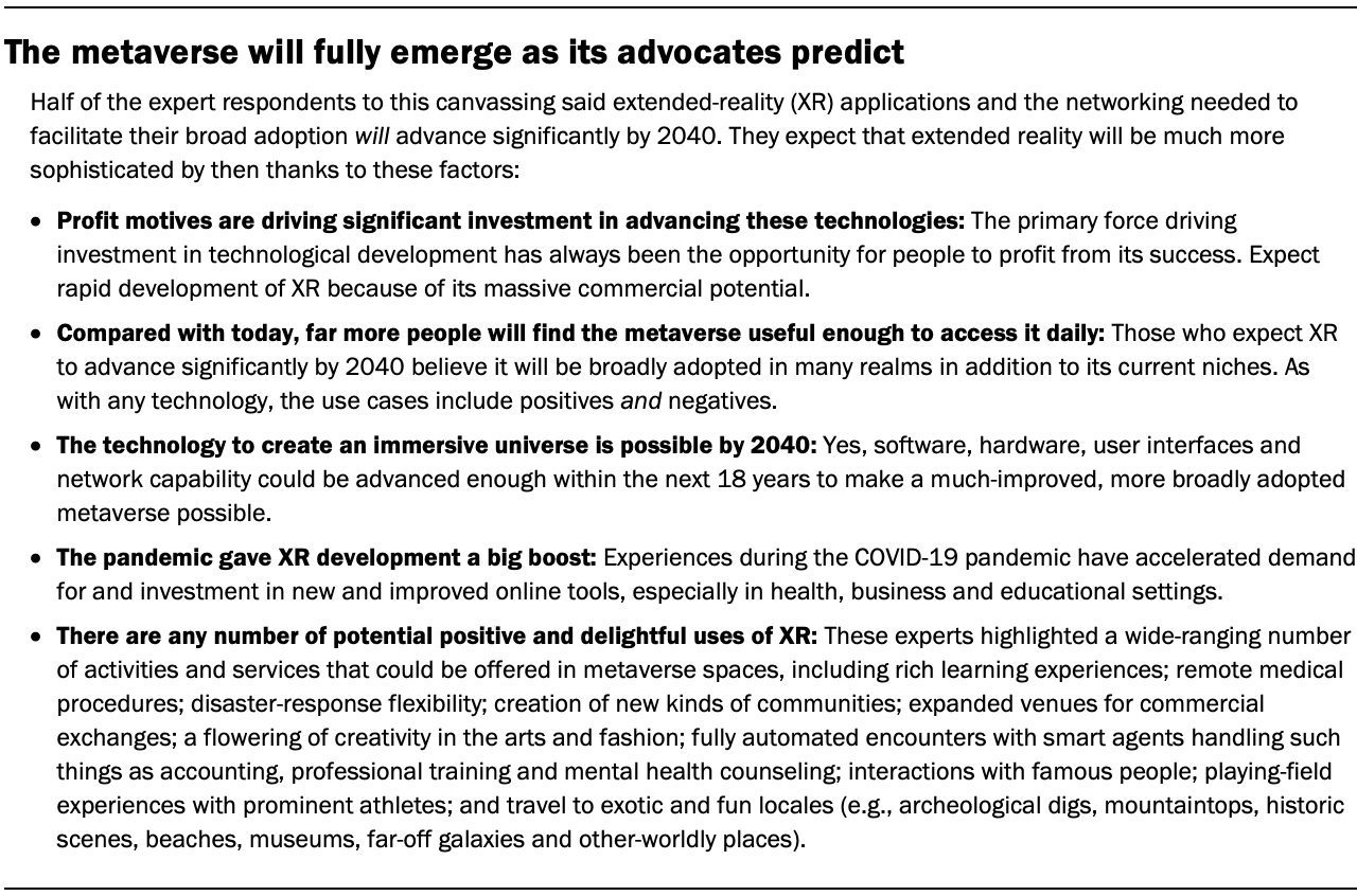 A table showing the reasons The metaverse will fully emerge as its advocates predict 